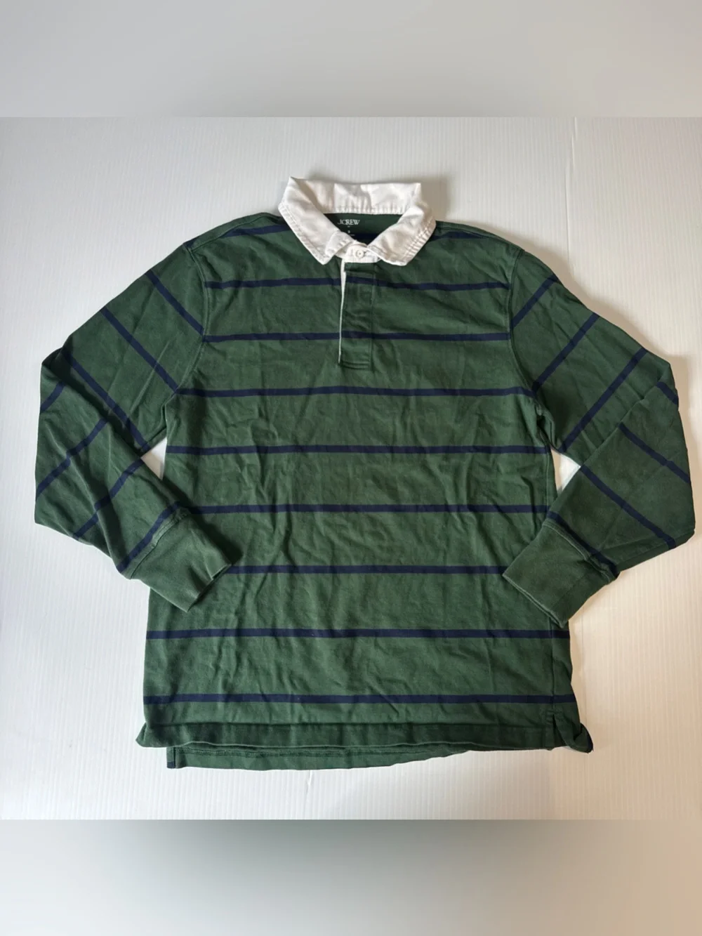 J.Crew Green Navy Striped Rugby Shirt White Collar Preppy Old Money Small
